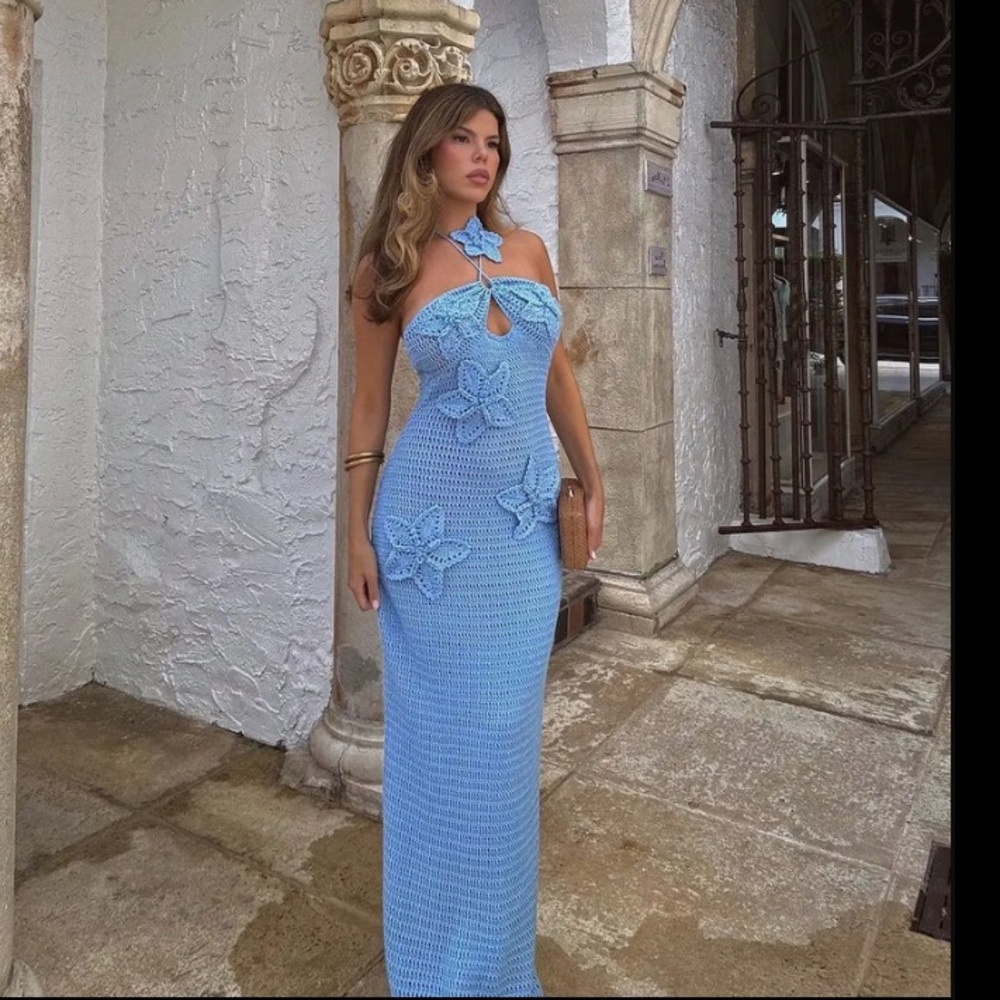 New Halter Floral Crochet Maxi Dress - Blue